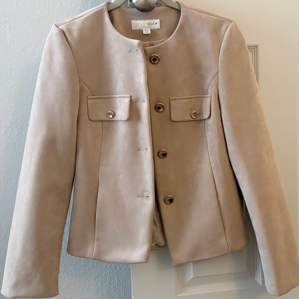 Zara Light Beige Suede-Look Collarless Blazer